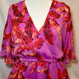 Sofia Vergara Vibrant Purple and Red Leaf Print Blouse